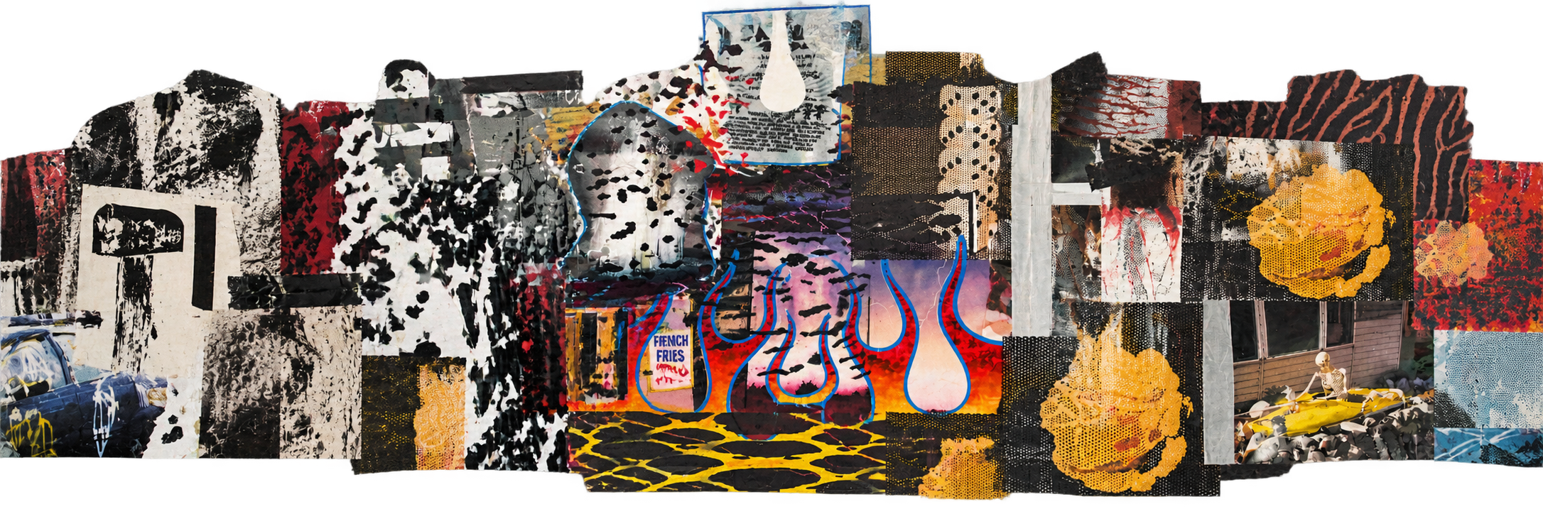 Mixed-media collage of photographs, textures, drawings and studio ephemera